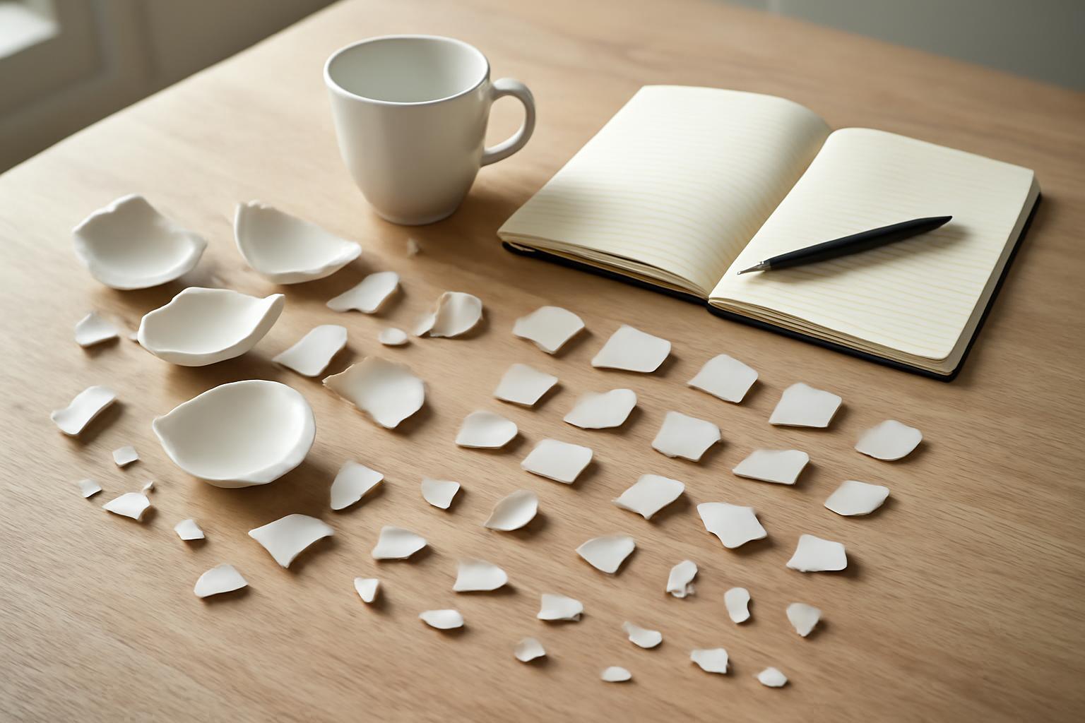 Egy asztalon szétszórt törött tányérdarabok, egy üres bögre és egy jegyzetfüzet látható.