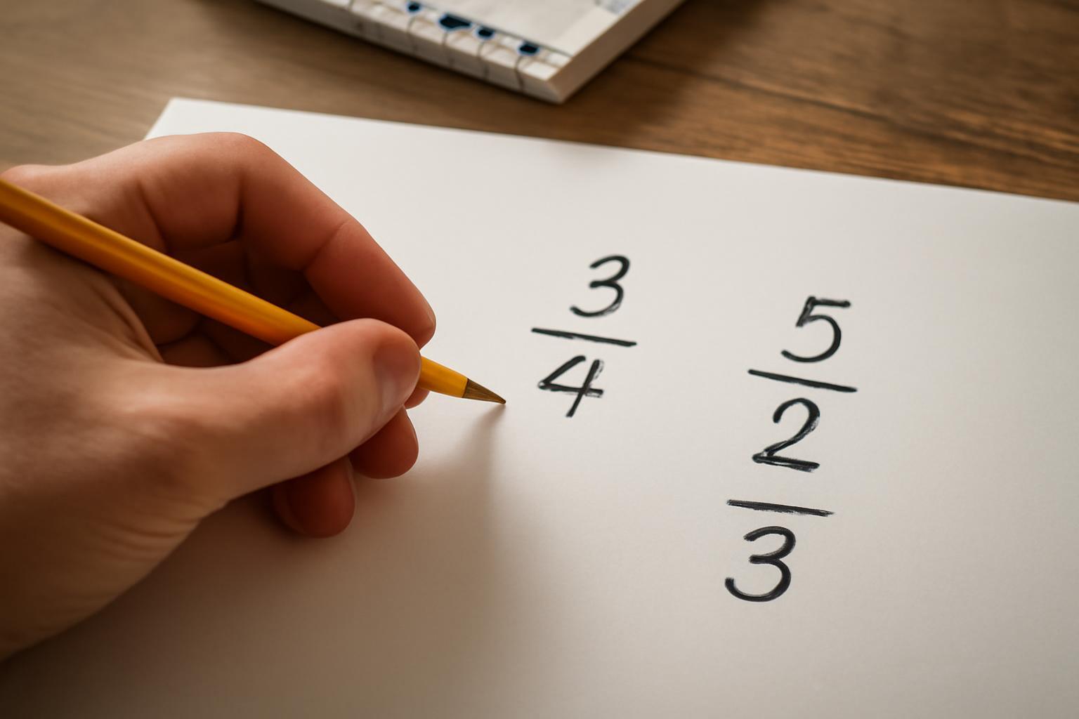 Egy kéz sárga ceruzával törteket ír le papíron, példák láthatók.