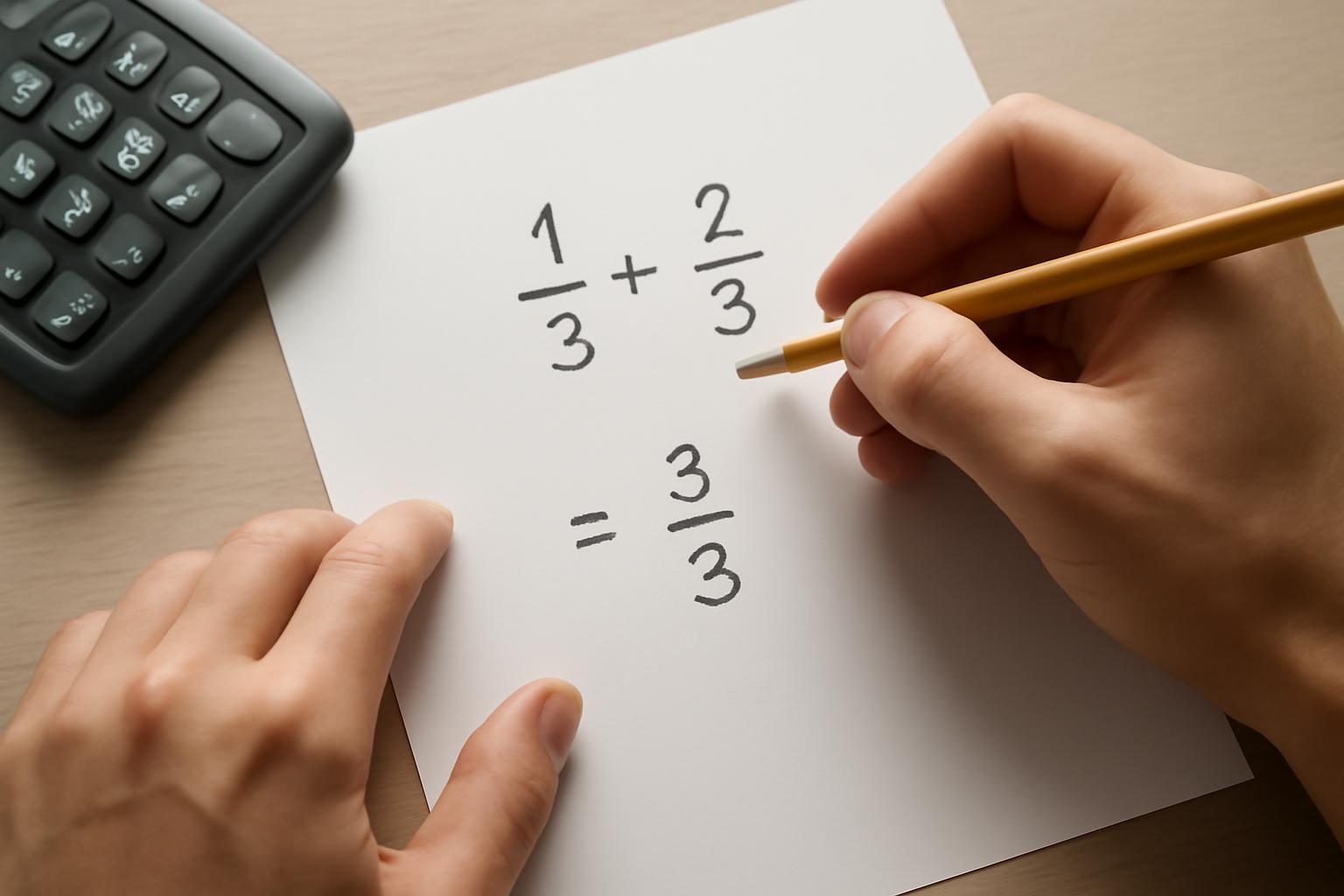 Két törtszám összeadása azonos nevezővel, papíron írt példával.