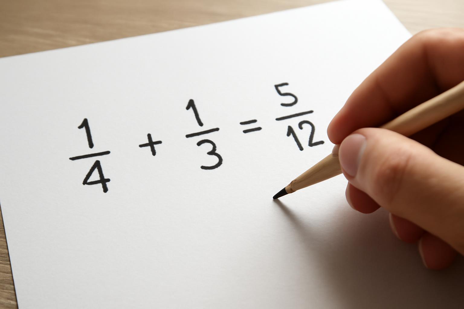 Egy kéz egy papíron lévő törtek összeadását mutatja: 1/4 + 1/3 = 5/12.