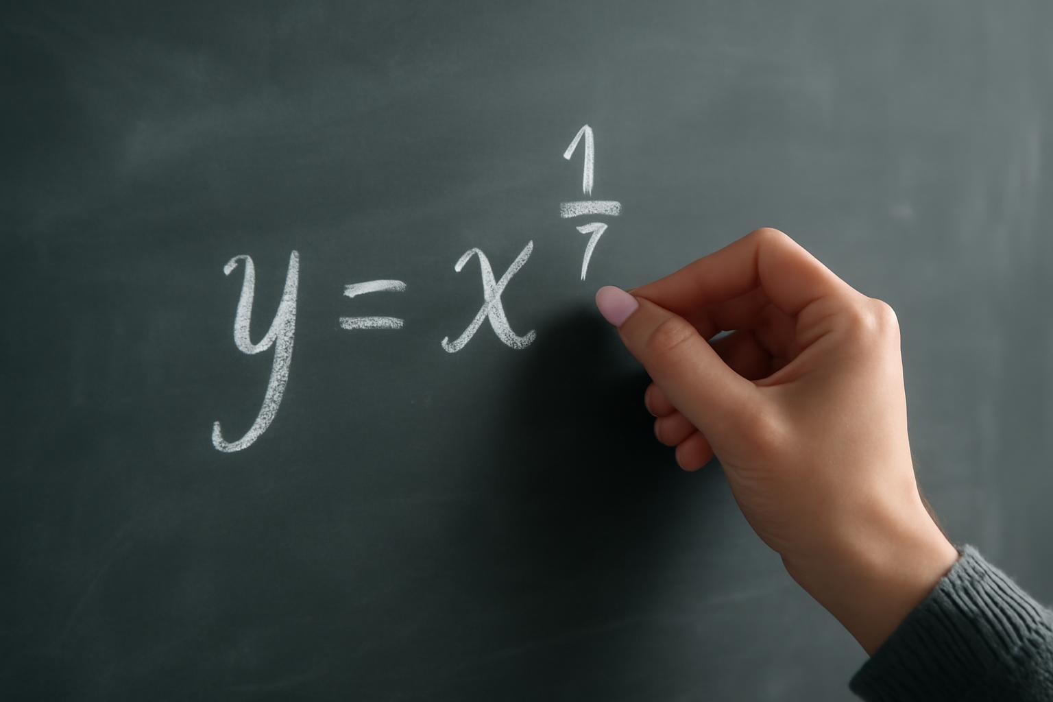 Egy kéz írja a törtkitevős hatványfüggvényt a táblára: y=x^(1/7).