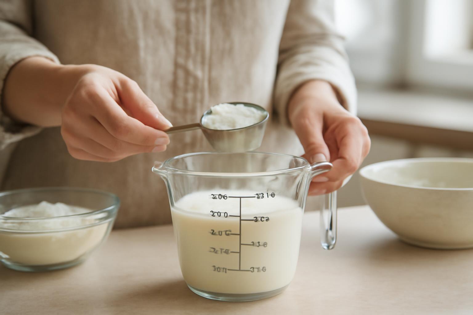 Konyhában egy mérőpohárban tej és egy kanálban tejföl látható.