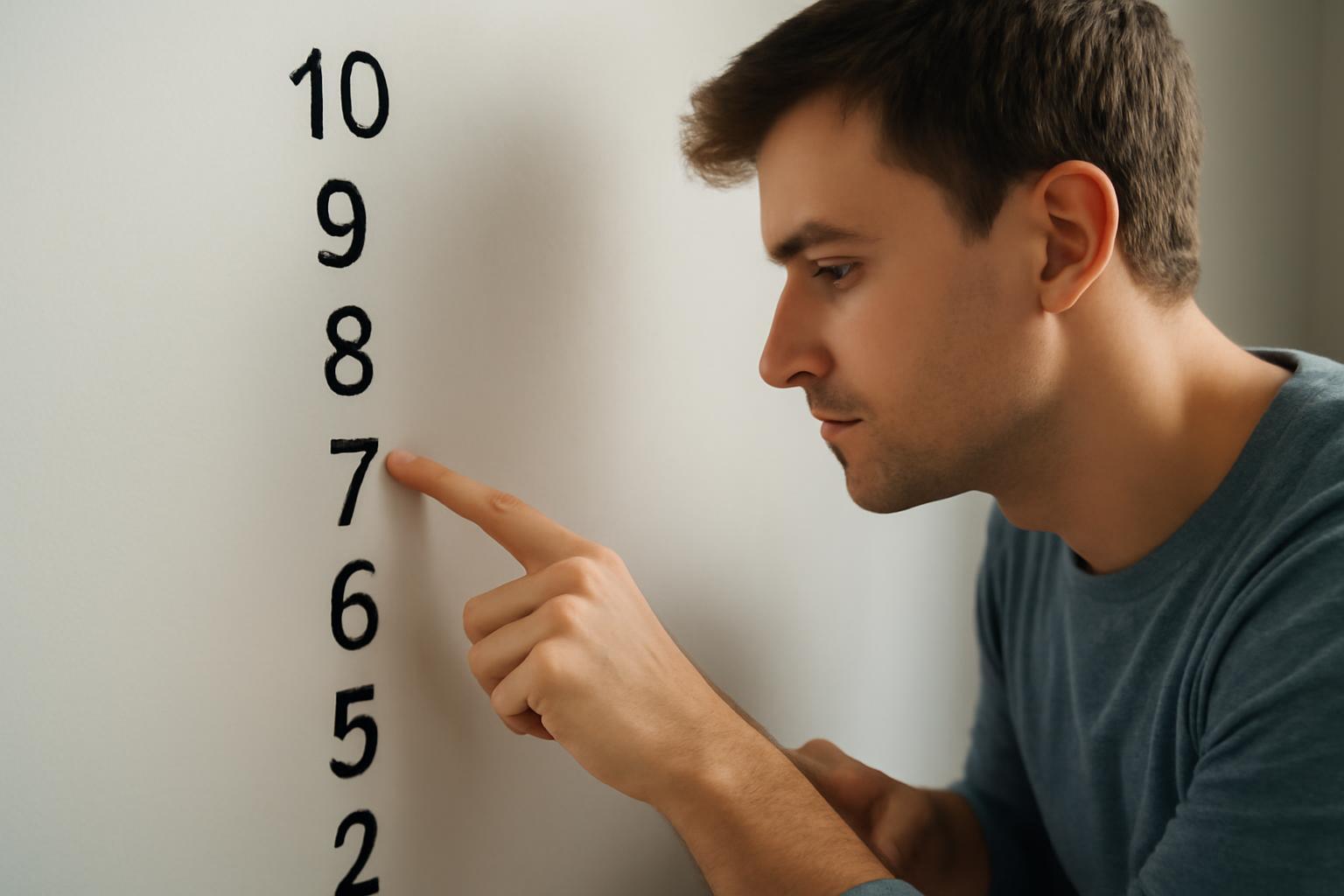 Egy férfi a falra írt számokat nézi és a 7-es számra mutat.