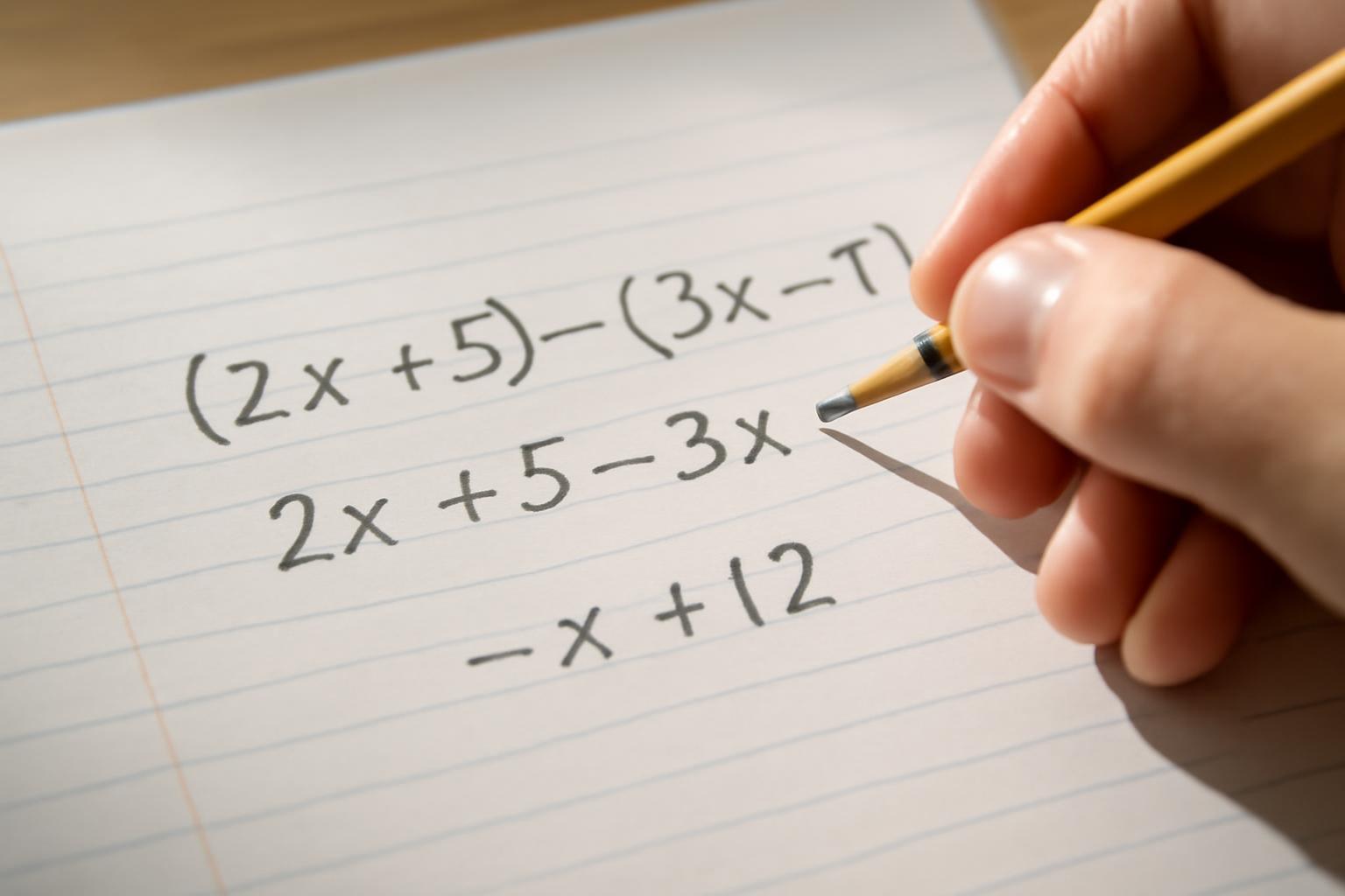 Egy kézírásos algebrai kifejezés zárójelekkel és műveletekkel egy füzetben.