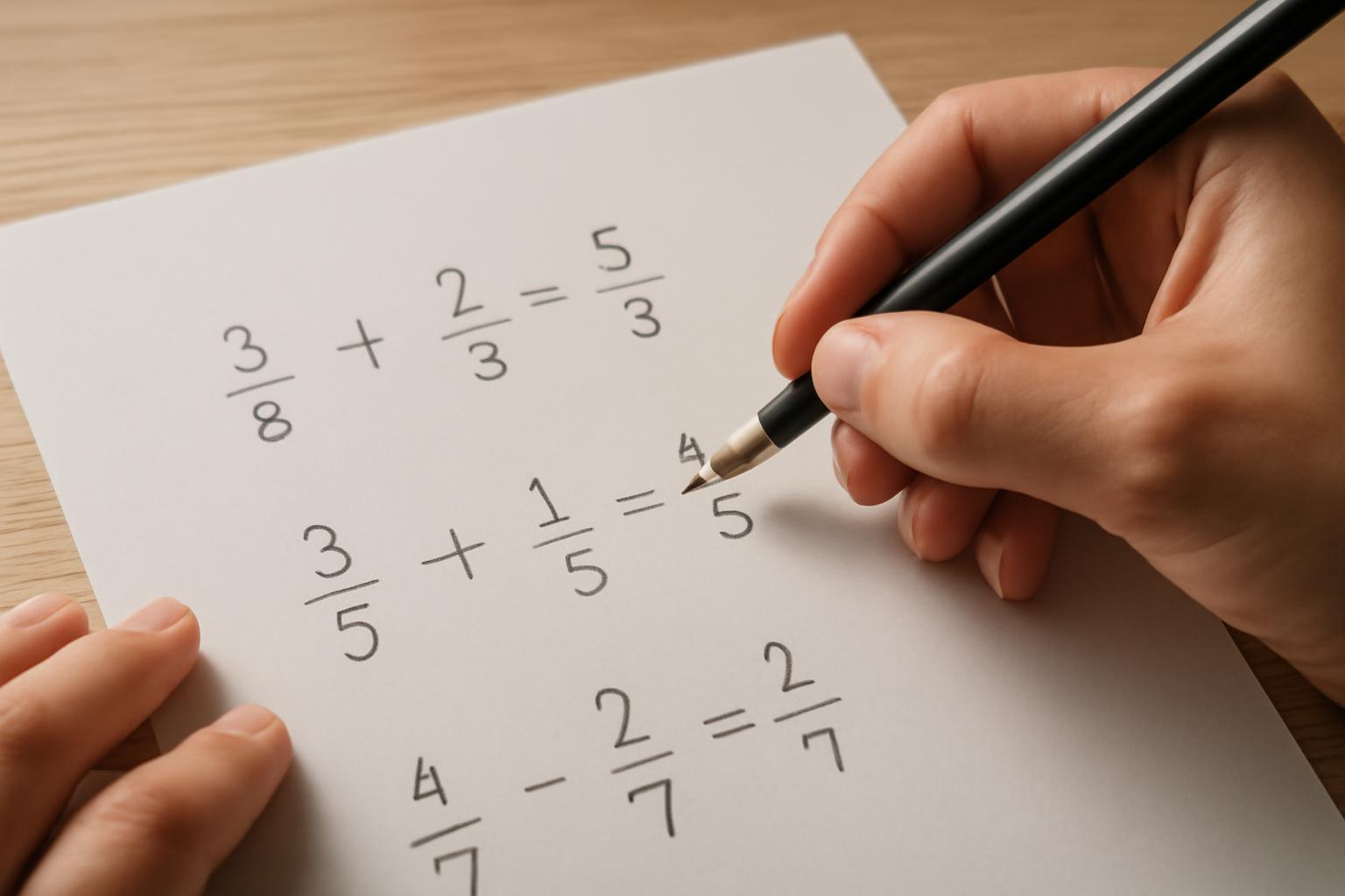 Kéz, amely egy papírlapon tizedes törteket összead és kivon.