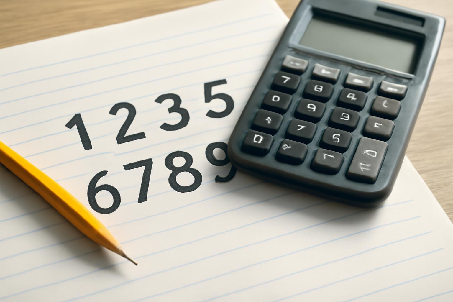 Egy papírlapon látható számok: 1235 és 6789, mellettük egy számológép és egy sárga ceruza.