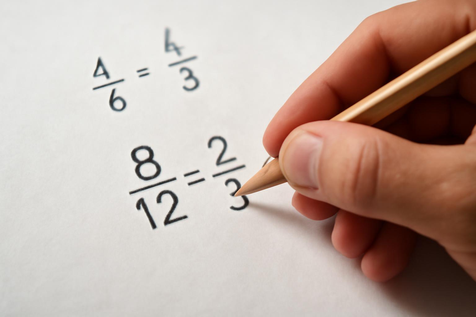 Kéz egy ceruzával, törtek egyszerűsítését bemutató számításokkal.
