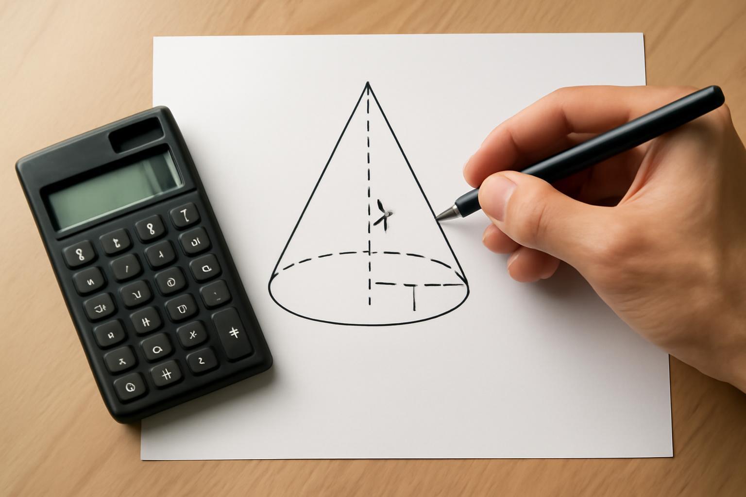 Egy kéz egy körkúp vázlatát rajzolja papírra, mellette egy számológép.