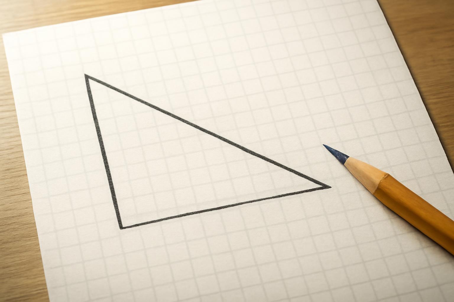 Egy egyenlő szárú derékszögű háromszög rajza négyzetrácsos papíron, mellette egy ceruza.