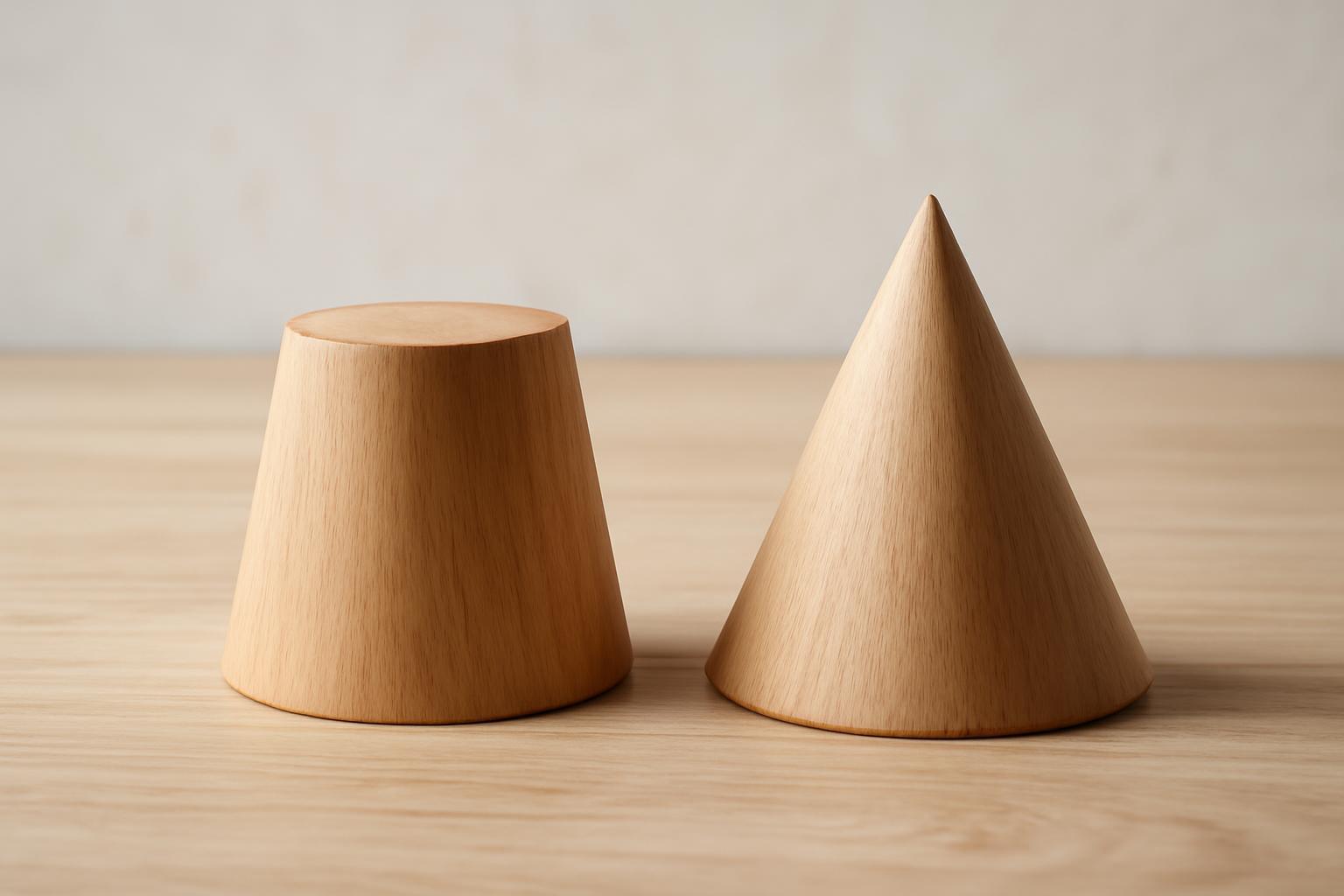 Egy csonka kúp és egy teljes kúp látható, mindkettő fából készült.