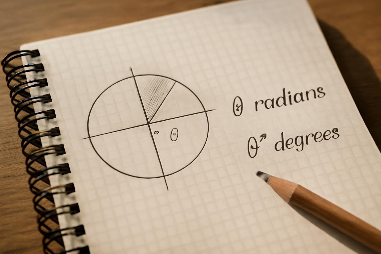 Egy jegyzetfüzetben lévő kör ábrázolása, amelyen a radián és fok mértékegységek láthatók.