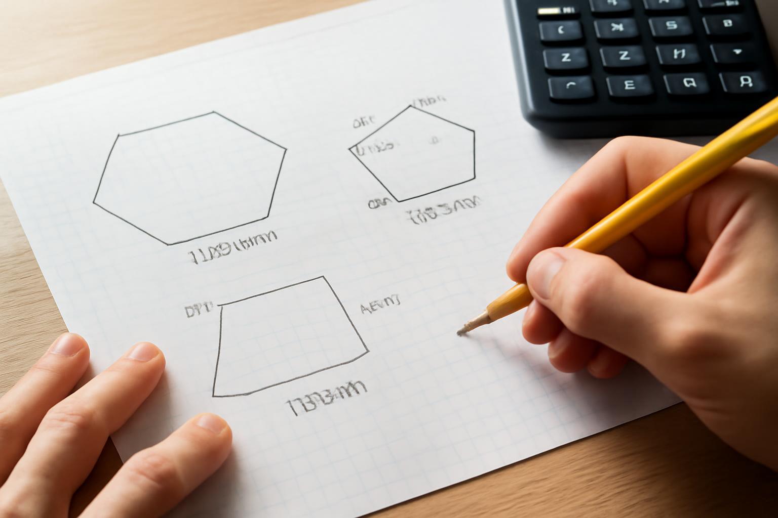 Egy kézírásos papíron különböző sokszögek rajzai és méretei láthatók.