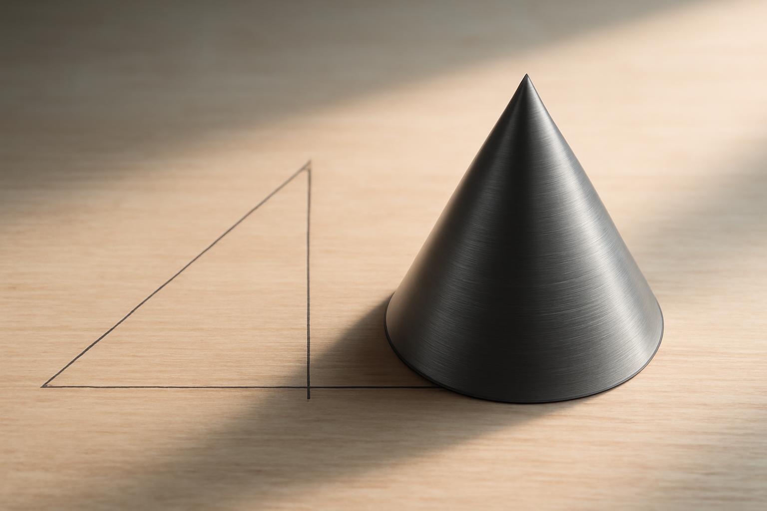 Egy fém körkúp áll egy derékszögű háromszög mellett, amely a forgás folyamatát szemlélteti.