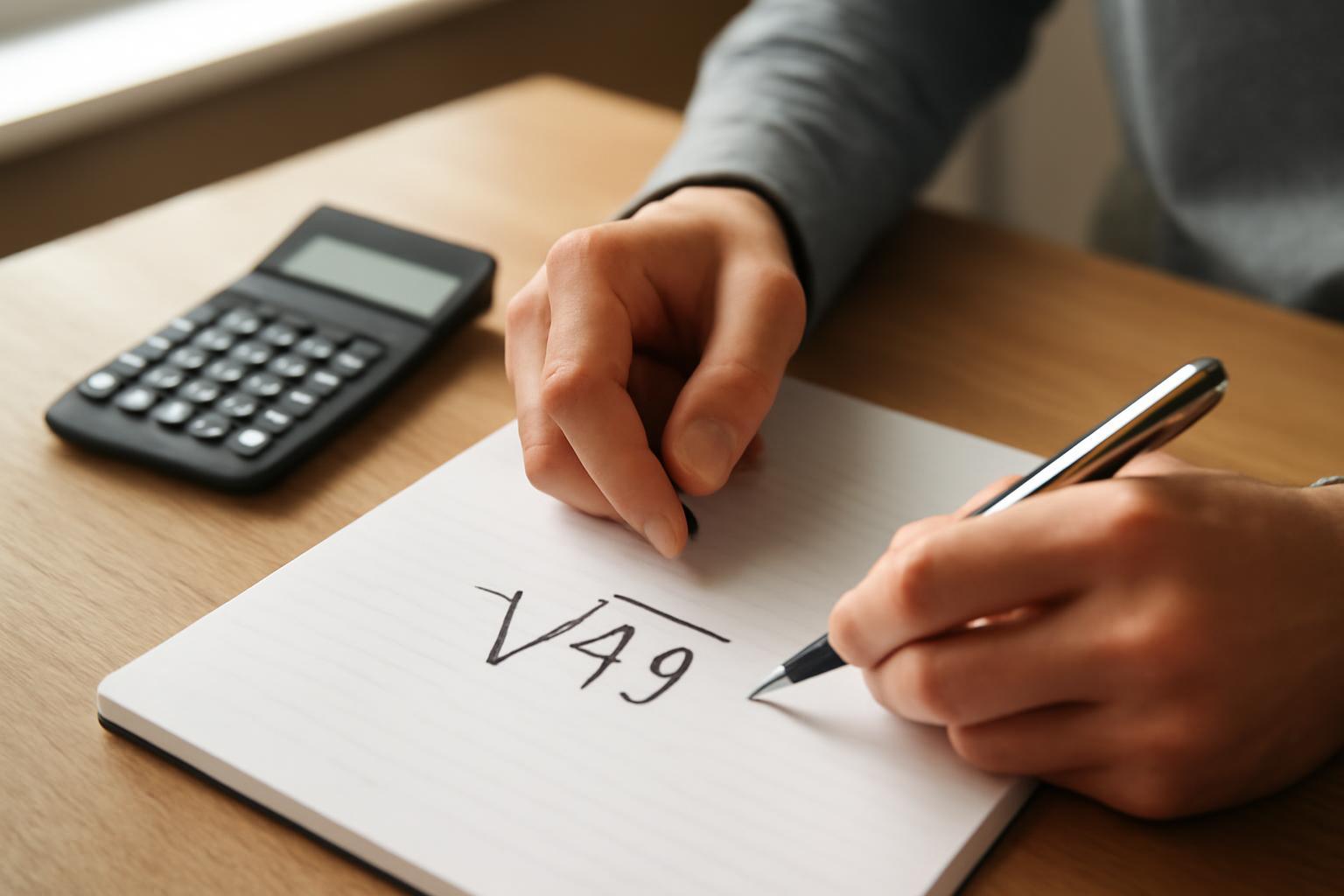 Egy kéz négyzetgyök számítást végez, a papíron a √49 látható.