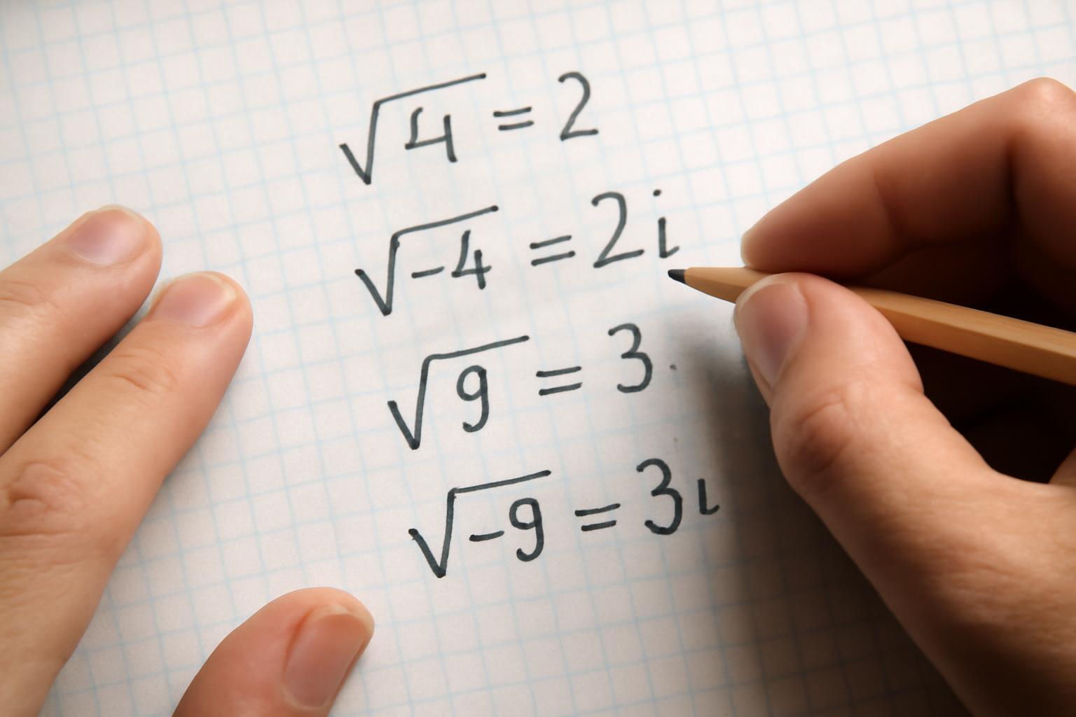 Kéz, amely ceruzával négyzetgyököket ír egy négyzetrácsos papírra.