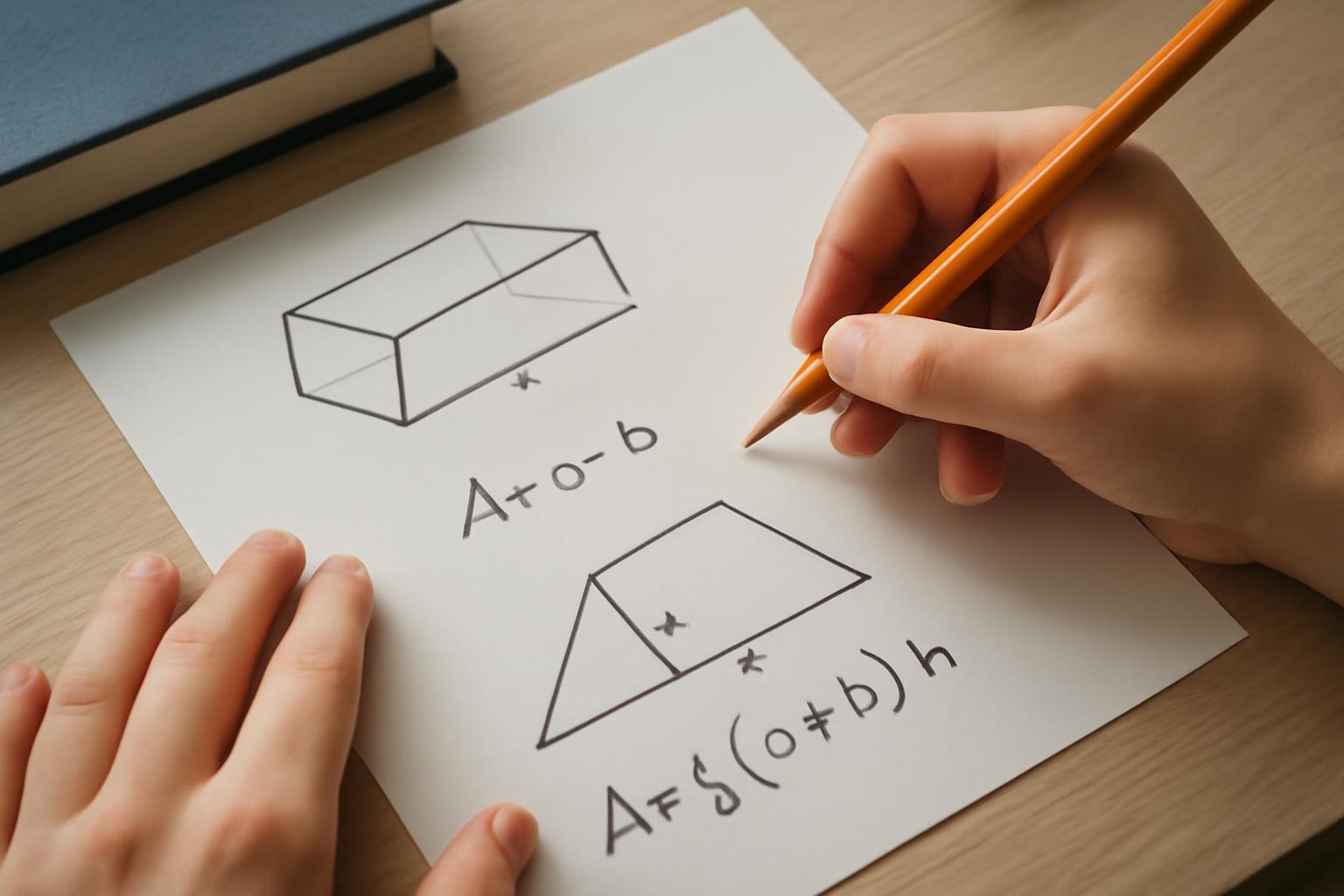 Egy kéz papíron paralelepipedon és trapéz területének képleteit rajzolja.