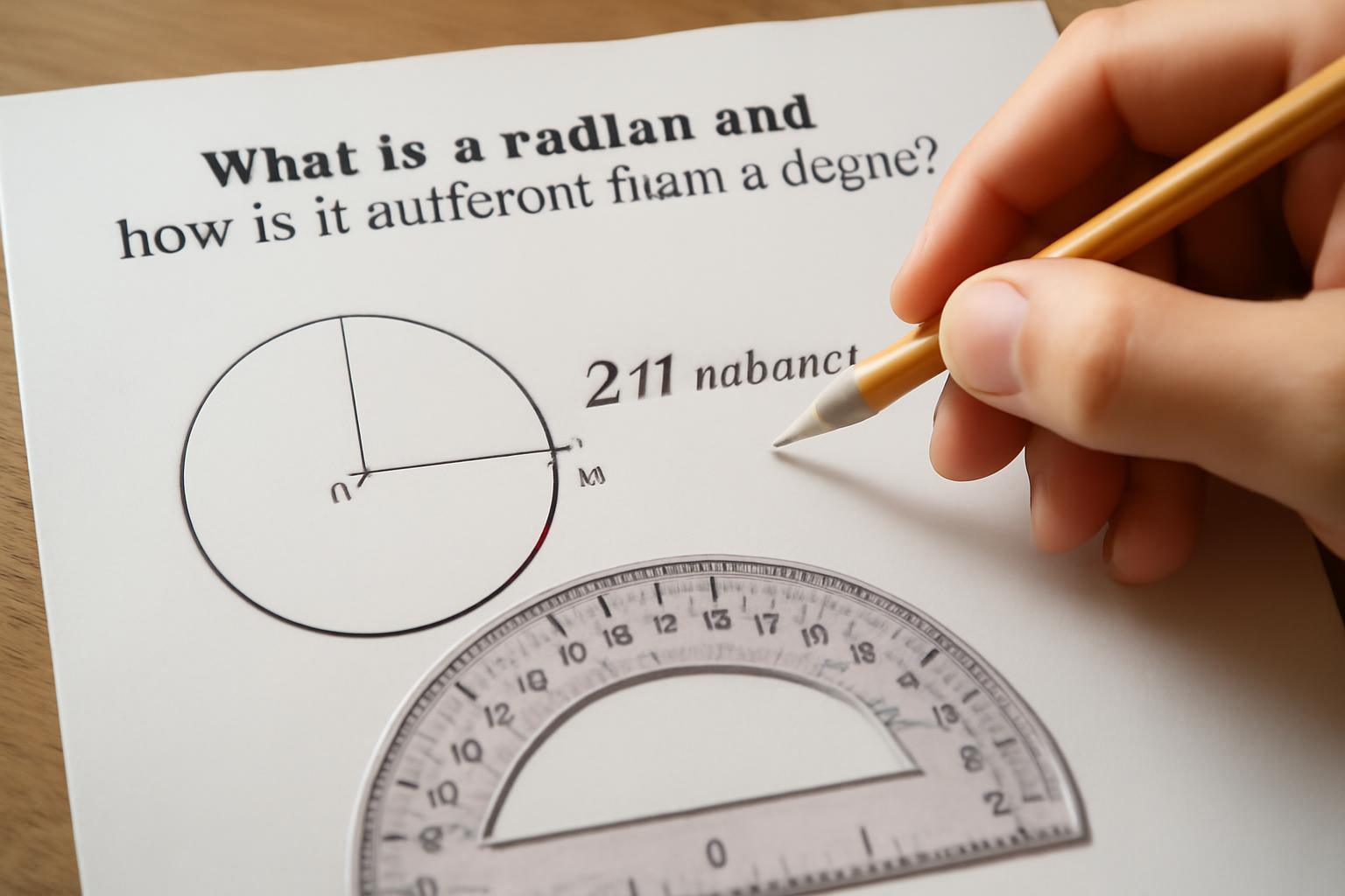 Egy kéz egy papíron lévő kördiagramot és protractorot tart, radián és fok mérése.