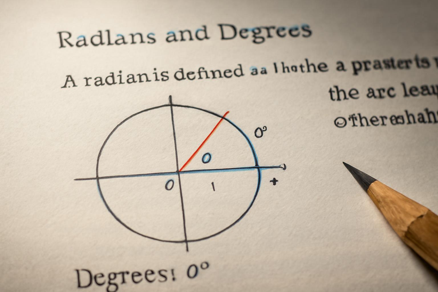 A radián és fok szögmérési egységeit bemutató ábra, kördiagrammal.