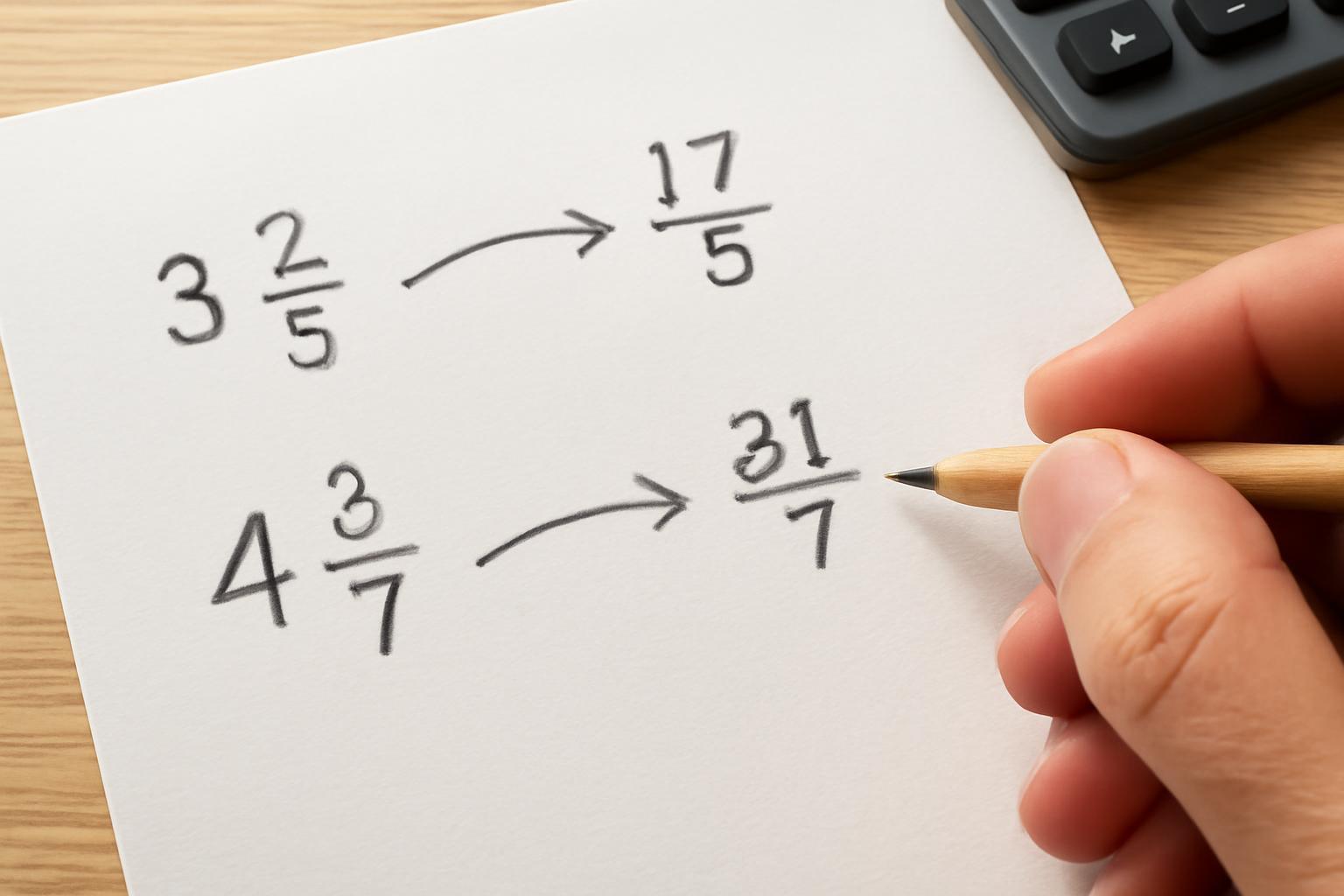 Két vegyes szám törtté alakítása, 3 2/5 és 4 3/7, papíron.