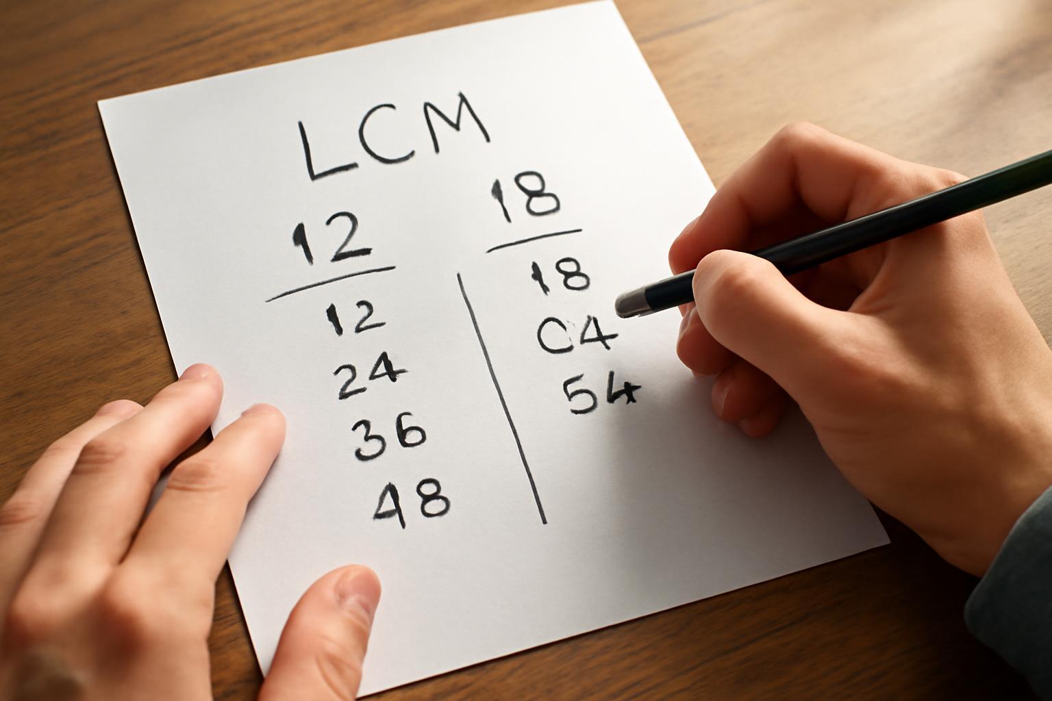Két szám, 12 és 18 közös többszörösének meghatározása papíron.