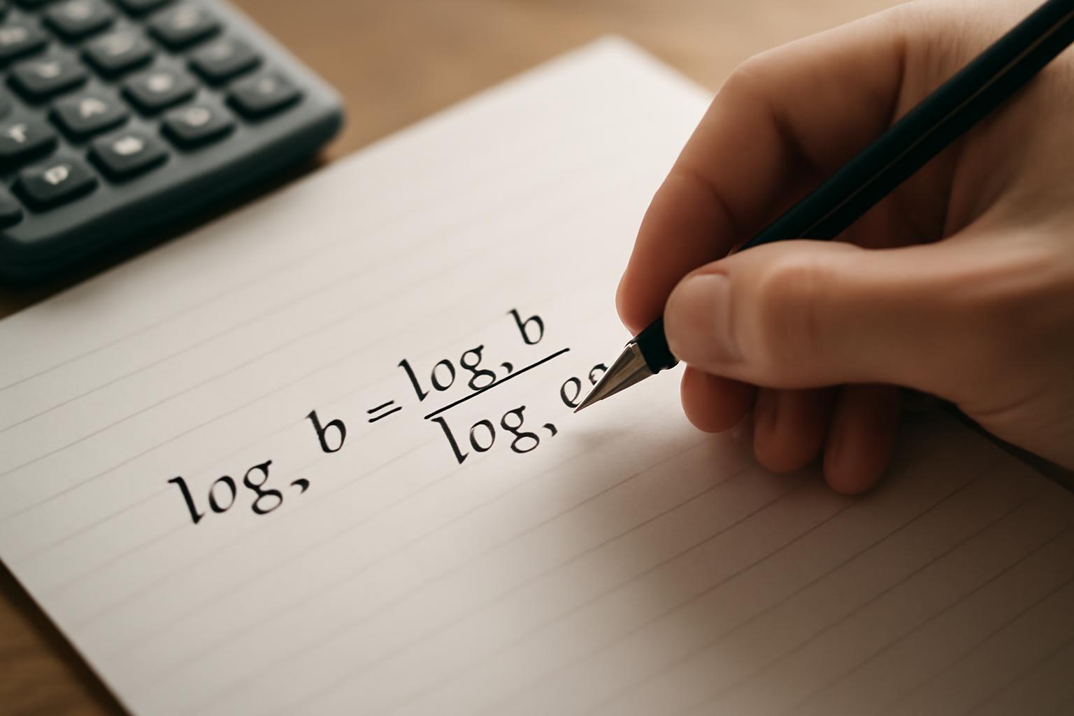 Egy kéz logaritmus képletet ír egy jegyzetfüzetbe, háttérben egy számológép.