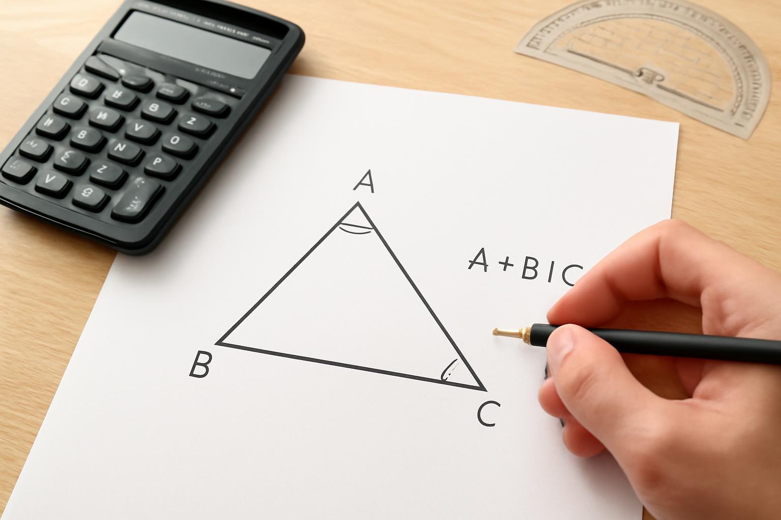 Egy kéz egy papíron lévő háromszög belső szögeit számolja, mellette egy számológép.
