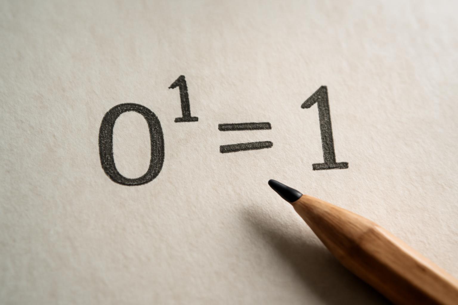 A papíron írt 0^1=1 egyenlet, mellette egy ceruza látható.