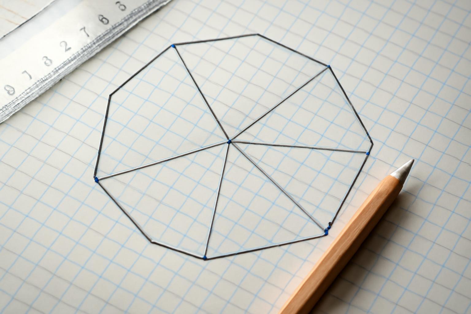 Egy tízszög vázlata, amelyen a vonalak és a csúcsok jól láthatóak, egy négyzetrácsos papíron.