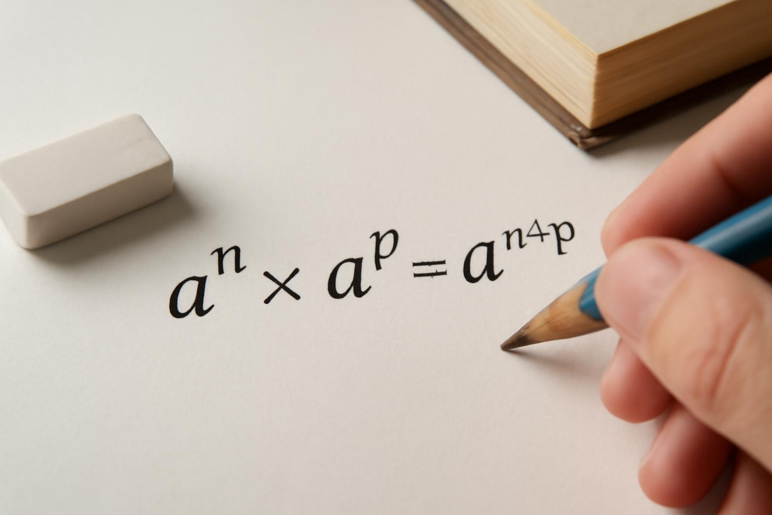 Egy kézírásos matematikai képlet, amely az egész számú hatványkitevők szorzási szabályát mutatja be.