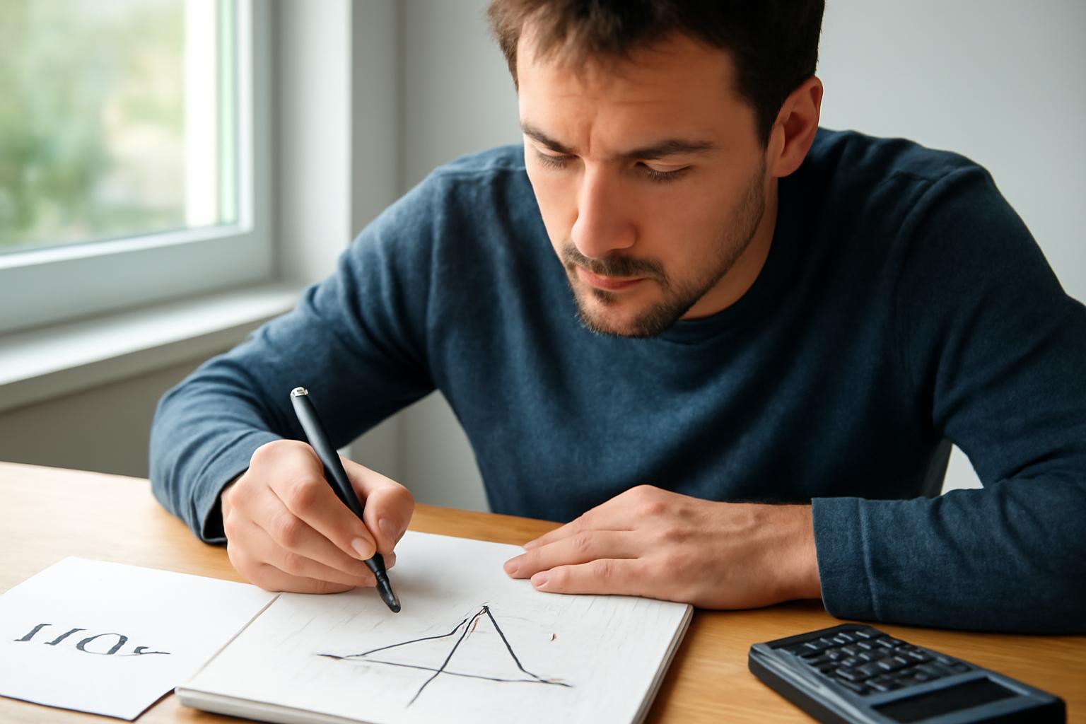 Egy fiatal férfi matematikai képleteket rajzol egy jegyzetfüzetbe.