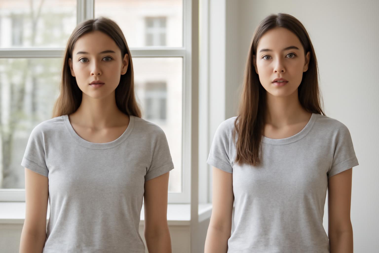 Két fiatal nő, az egyik horizontálisan, a másik vertikálisan nyújtózik, különböző testtartásokban.