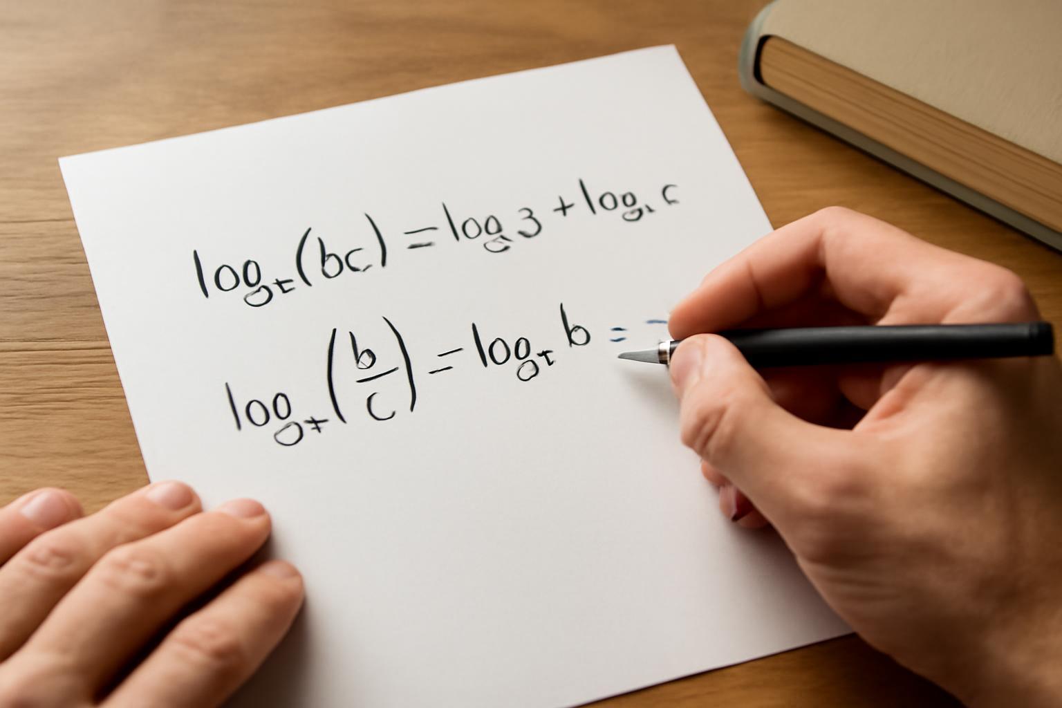 Kéz, amely egy papírlapon a logaritmus szorzat és hányados szabályait írja.