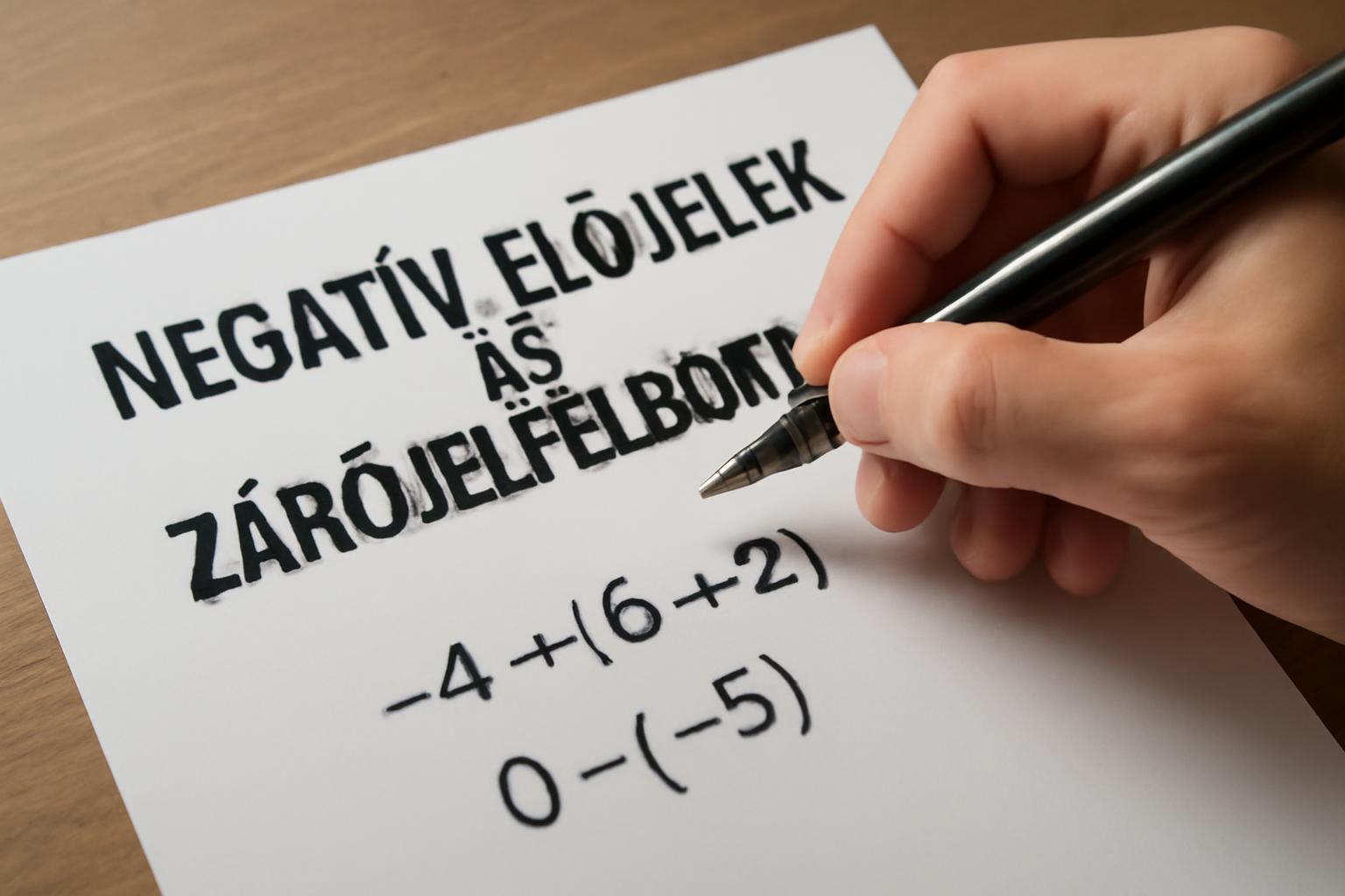 Egy kéz egy papírlapon negatív előjeleket és zárójelfelbontást mutató matematikai példákat ír.