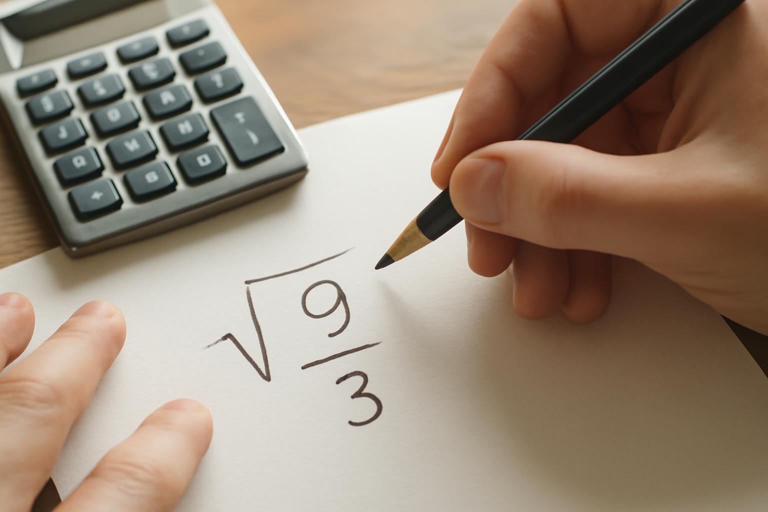 Egy kéz négyzetgyök számítást végez papíron, számológép mellett.
