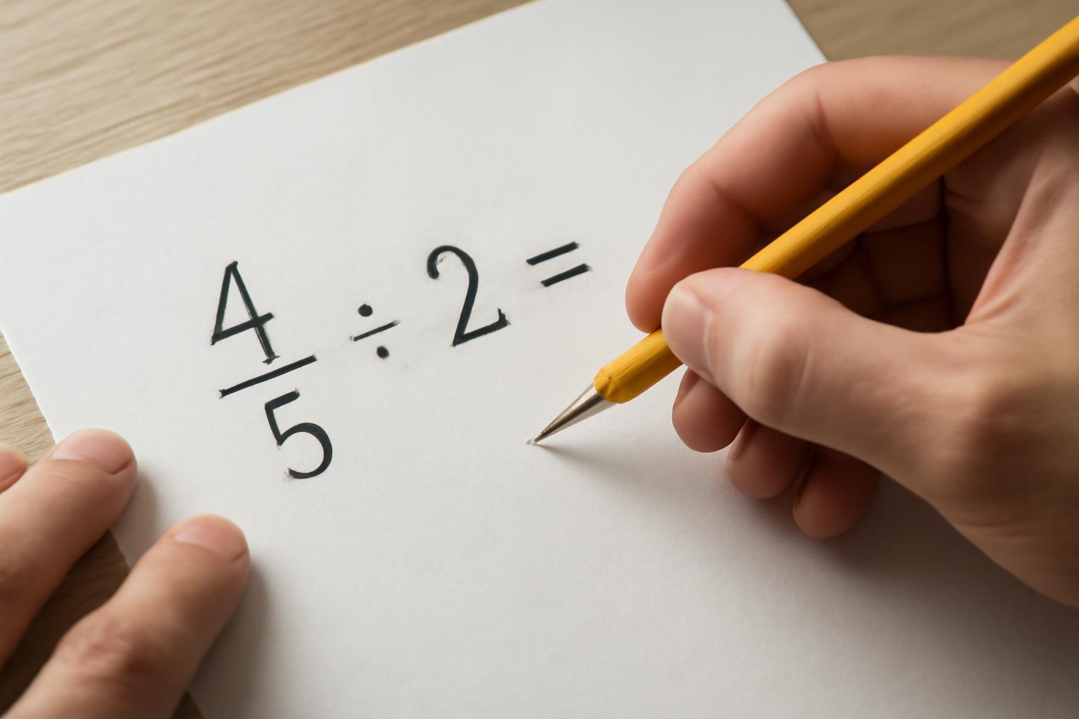 Egy kéz egy papíron lévő tört és egész szám hányadosát számolja.