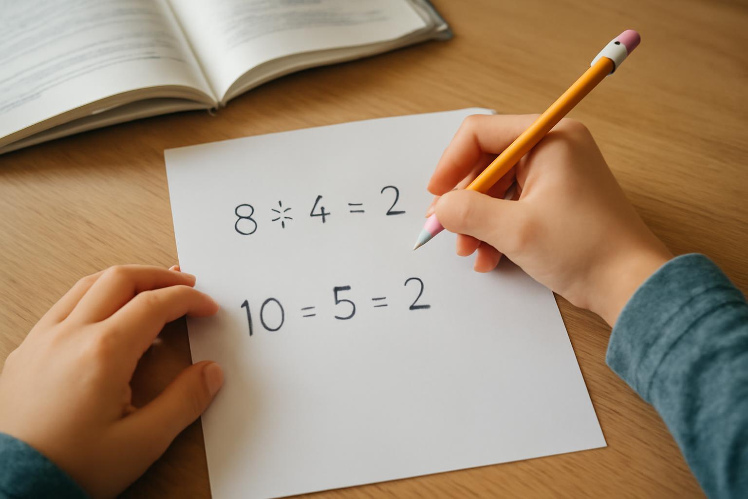 Egy gyermek kezében ceruza, matematikai osztási feladatokat ír egy papírra.