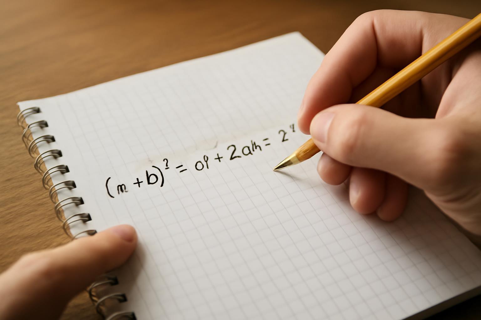 Egy kéz egy jegyzetfüzetben a négyzetre emelés szabályát írja.