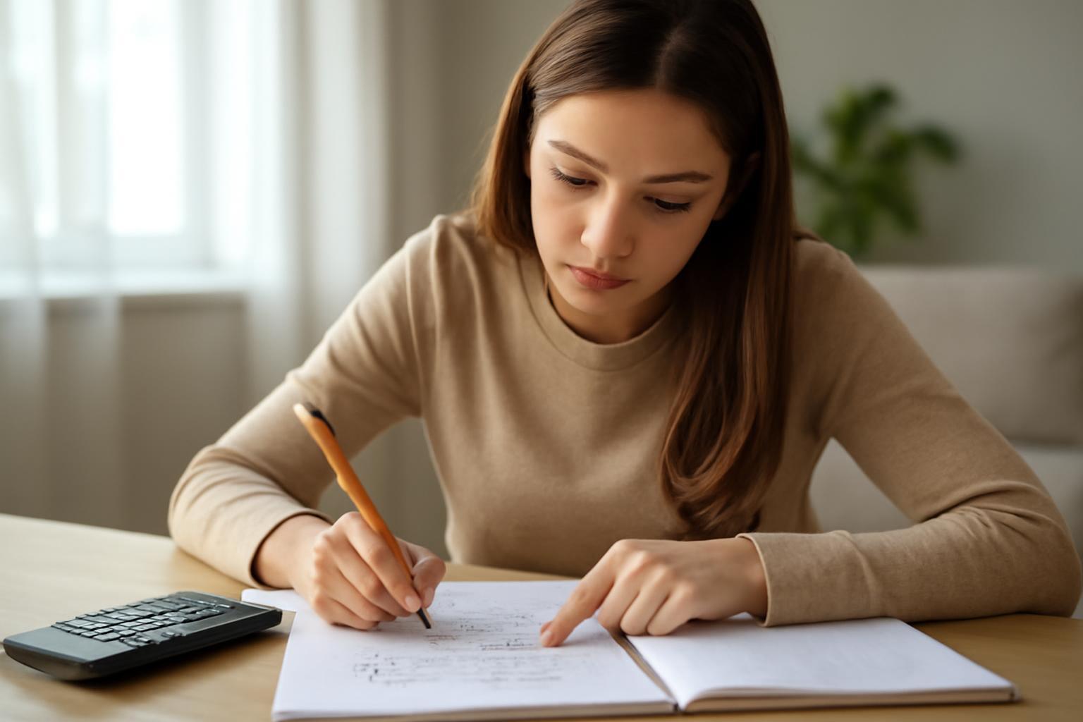 Egy fiatal lány matematikai feladatokat old meg, figyelmesen jegyzetel.