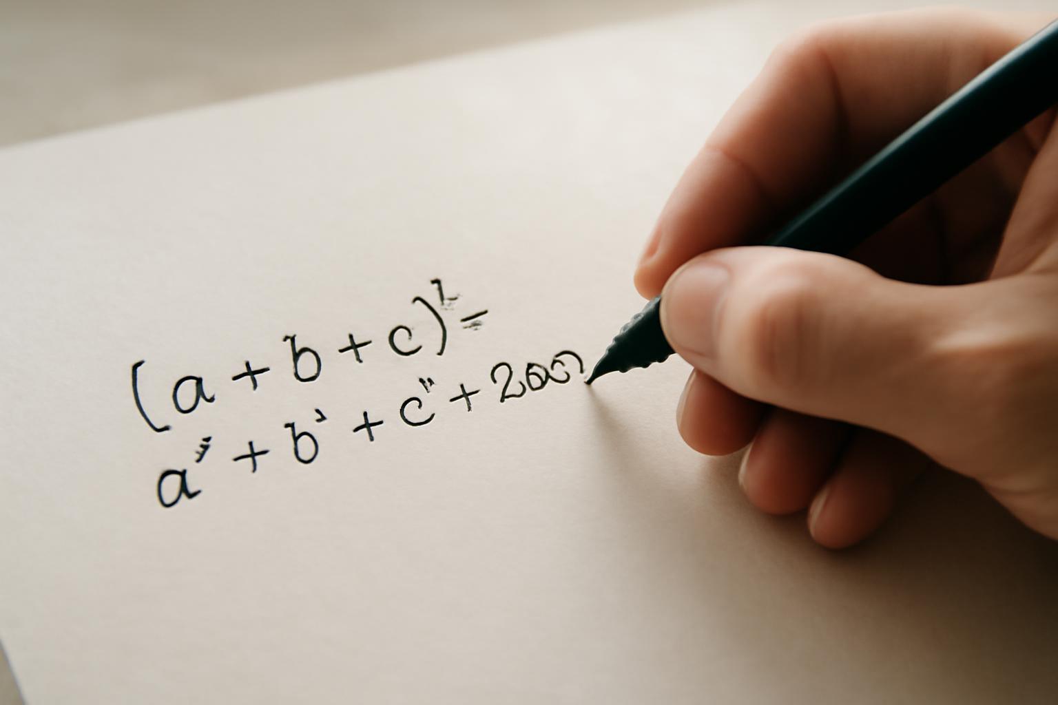 Egy kéz egy papíron a három tag összegének négyzetét írja.