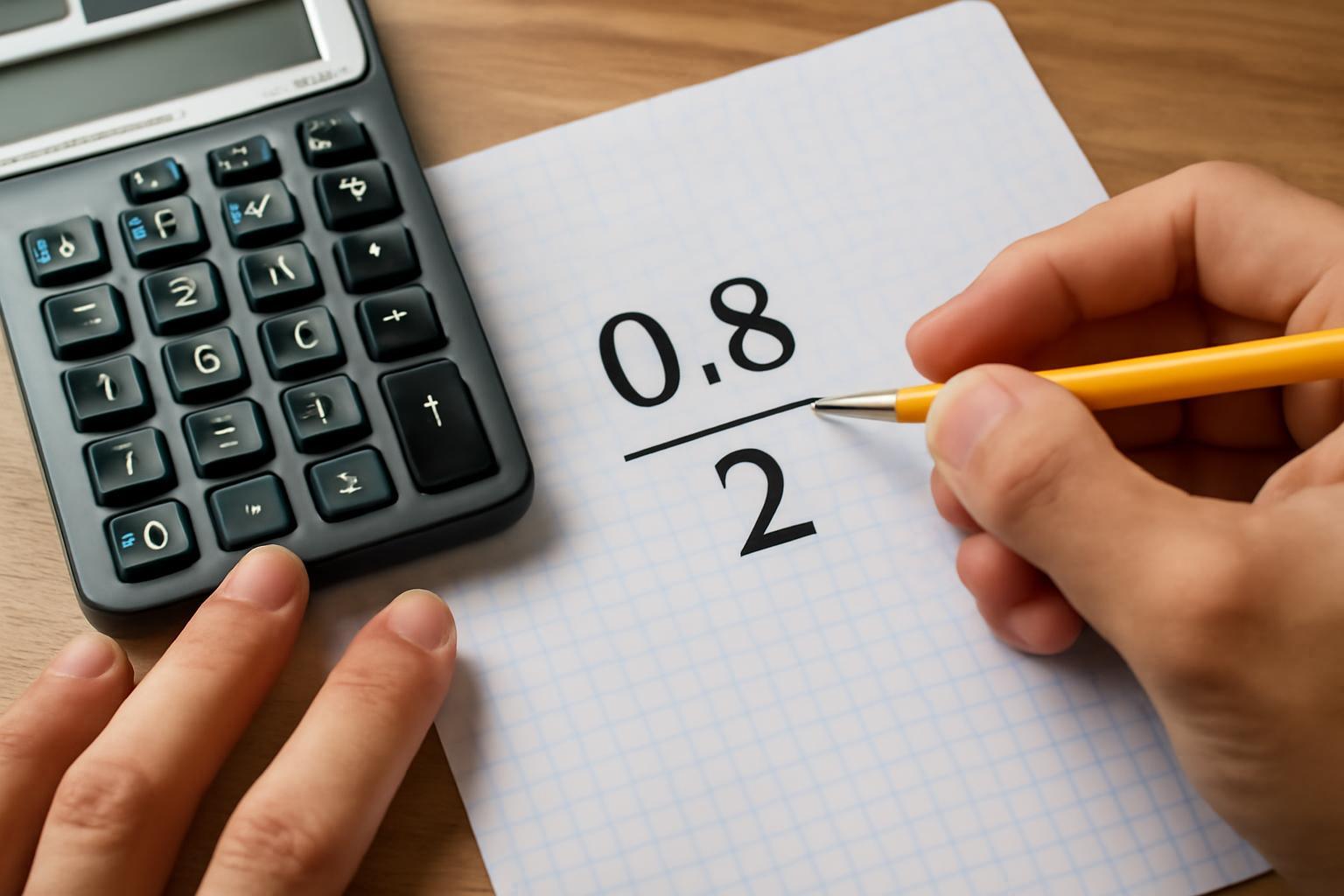 Egy kéz 0.8 és 2 osztásának számítását végzi egy papírlapon.