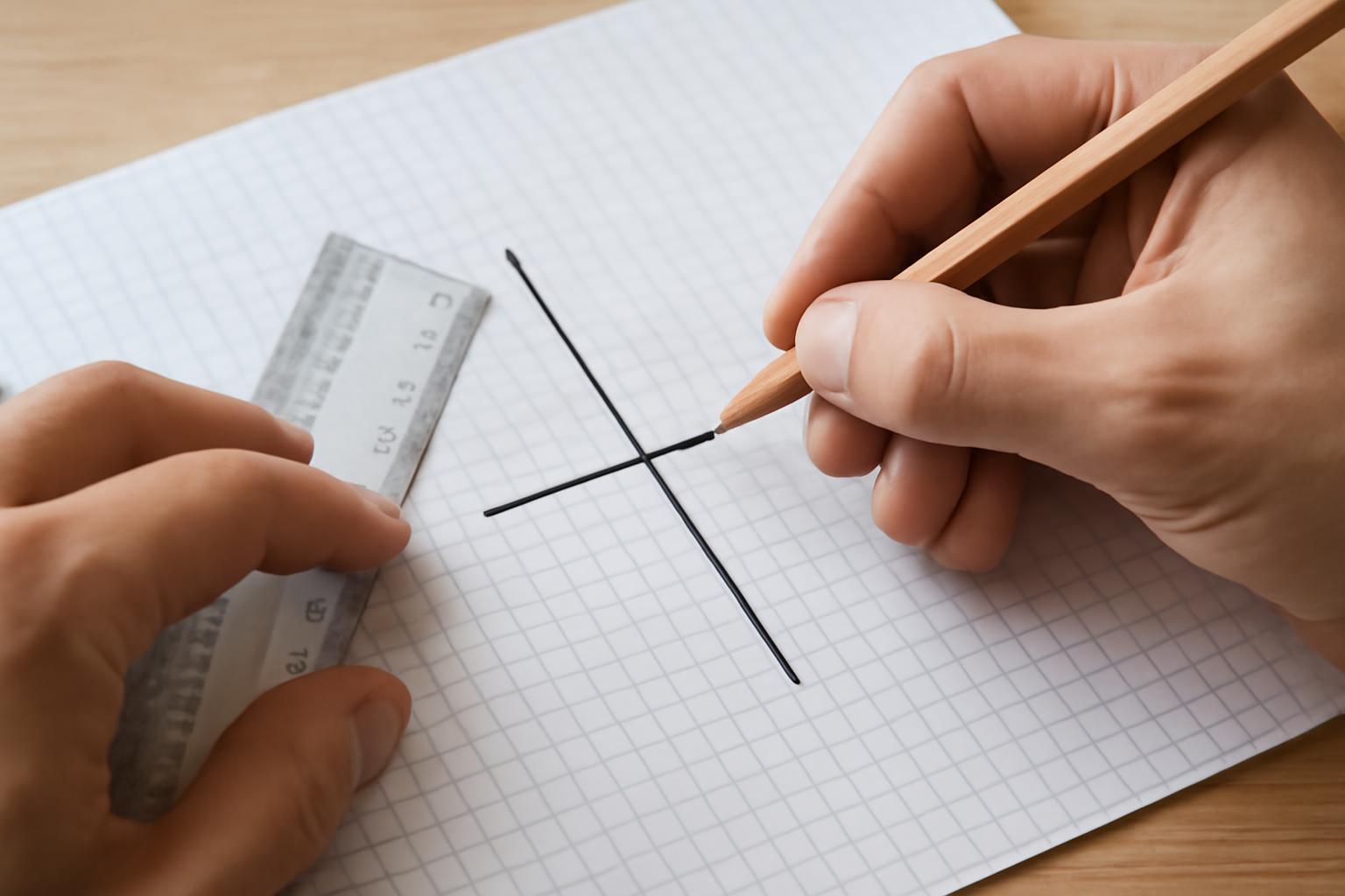 Két merőleges vonal rajzolása egy négyzetrácsos papíron vonalzó segítségével.