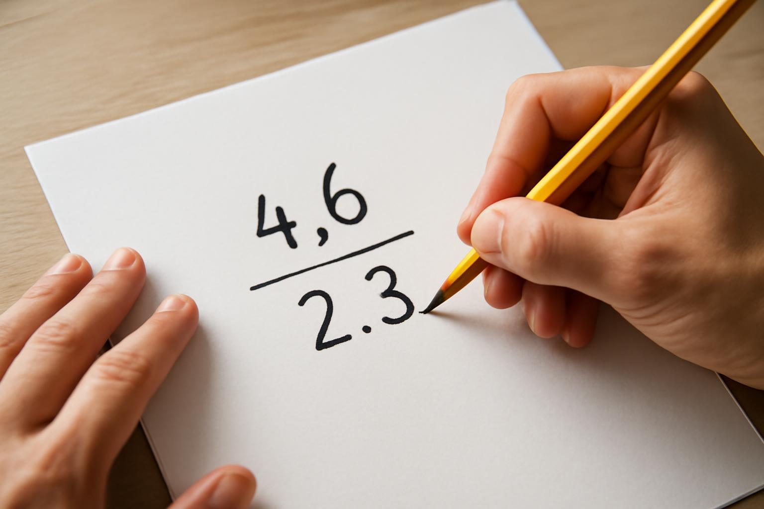 Két tizedes tört, 4,6 és 2,3, osztásra készülve egy papírlapon.