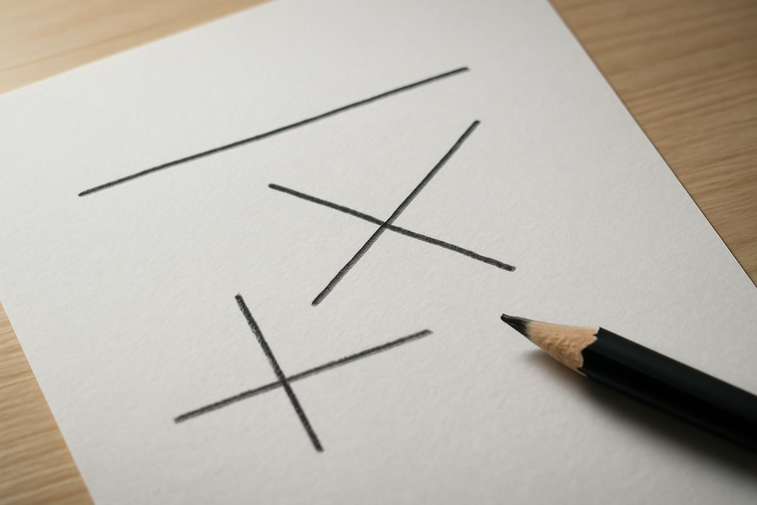 Egy papírlapon párhuzamos és metsző vonalak láthatók, mellette egy ceruza.