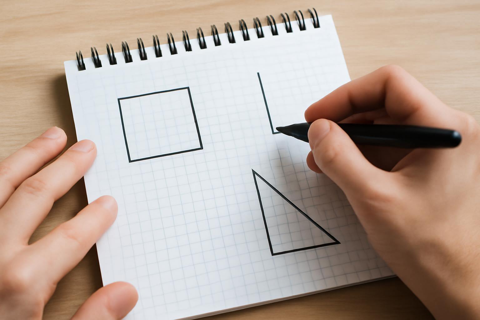 Egy kéz vonalat rajzol egy négyzetrácsos füzetbe, mellette egy négyzet és egy háromszög látható.