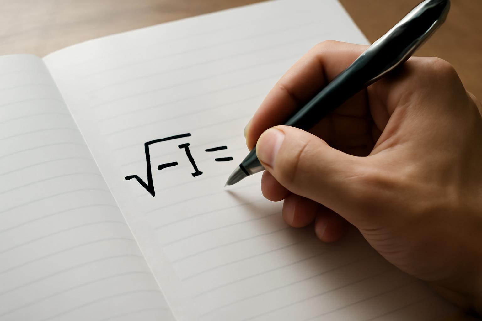 Egy kéz egy jegyzetfüzetben a negatív szám négyzetgyökét írja.