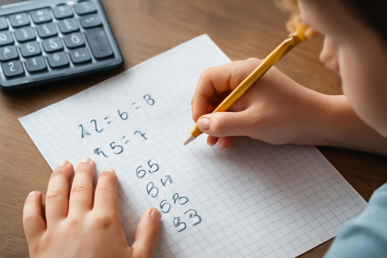 Egy gyermek matematikai feladatokat ír egy négyzetrácsos papírra, mellette egy számológép.