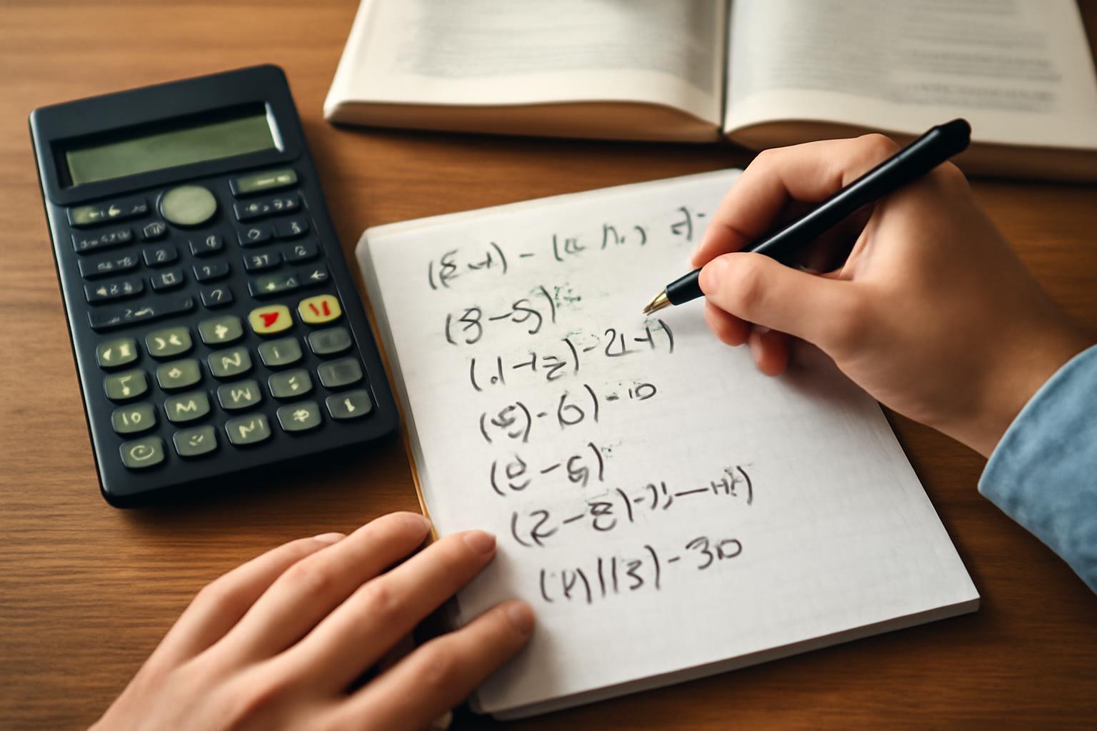 Egy diák matematikai feladatokat old meg egy jegyzetfüzetben, kalkulátor mellett.
