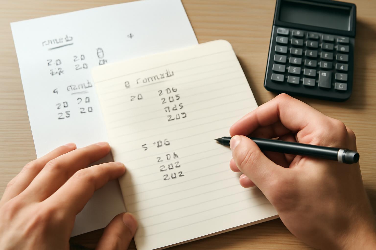 Egy kéz jegyzetel egy füzetbe, mellette egy számológép és egy papír.