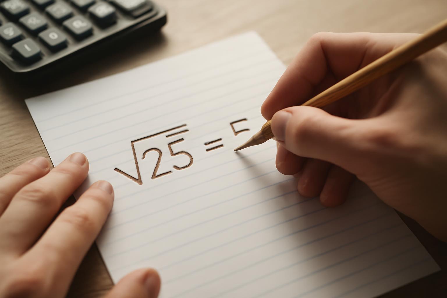 Egy kéz egy papírlapon a négyzetgyök képletét írja, mellette egy számológép.
