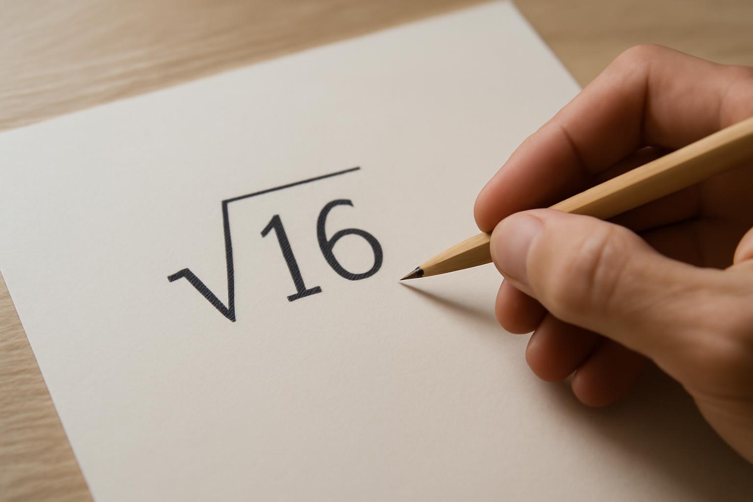 Egy kéz ceruzával írja a négyzetgyök jelet és a 16-ot egy papírlapra.